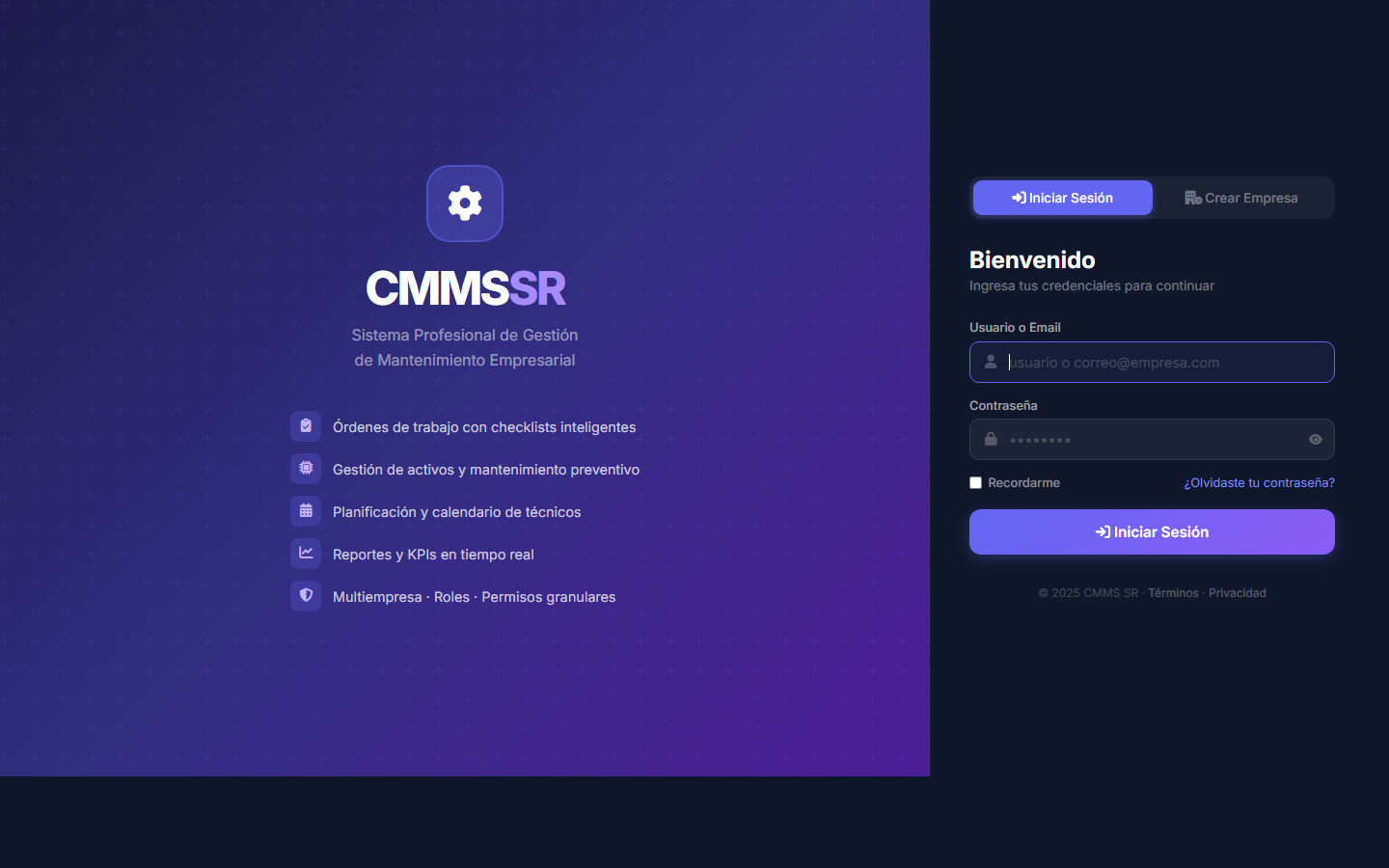 Pantalla de acceso de CMMS SR