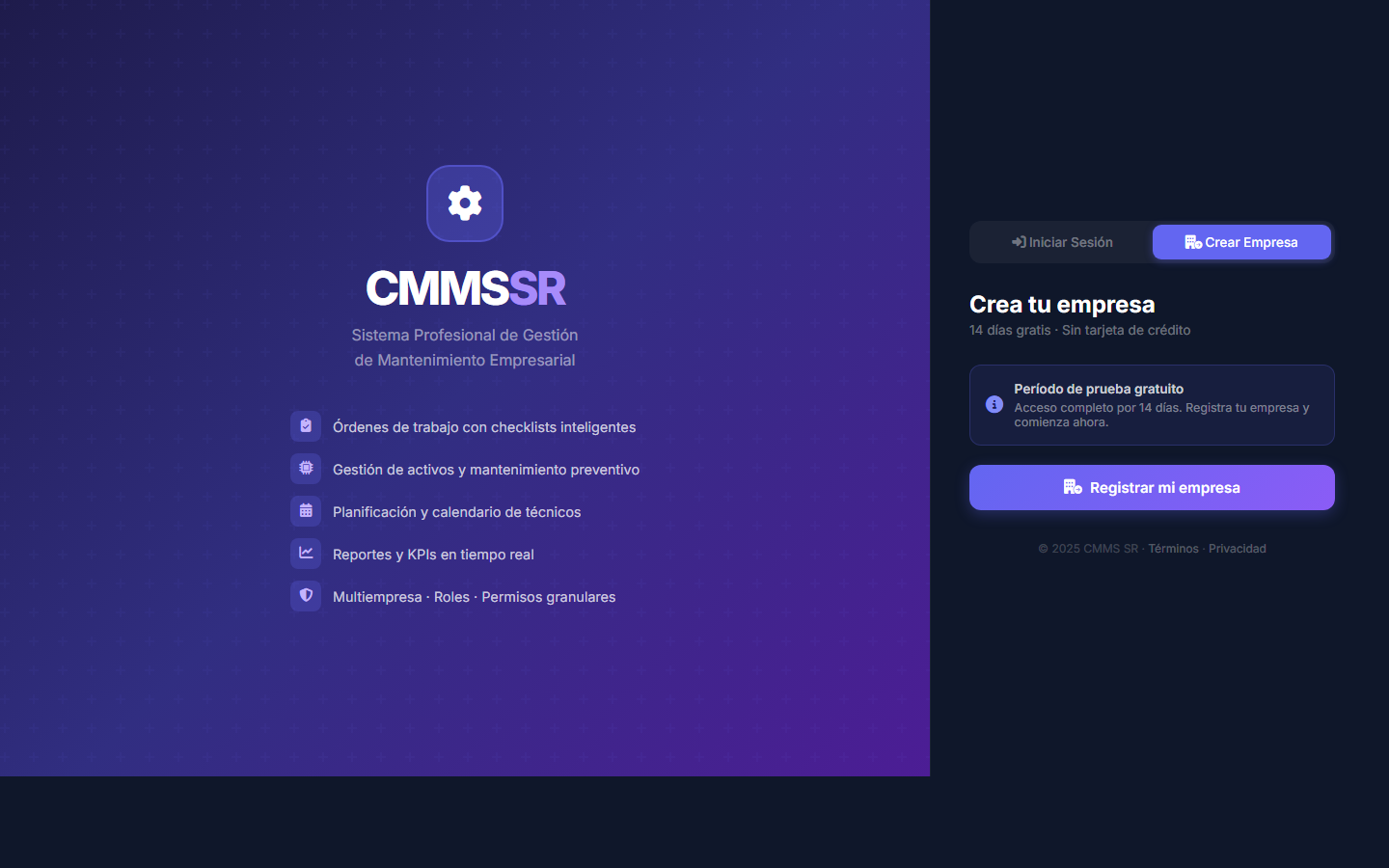 Pantalla de registro de empresa para CMMS SR